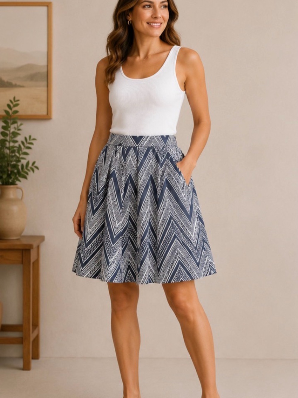 Joe B Navy and White Chevron Midi Skirt “The Grace in Motion Collection “